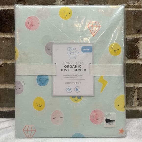 Pottery Barn Kids Organic Duvet Cover Twin Funny Faces Emoji Diamond Happy NEW - Picture 1 of 3